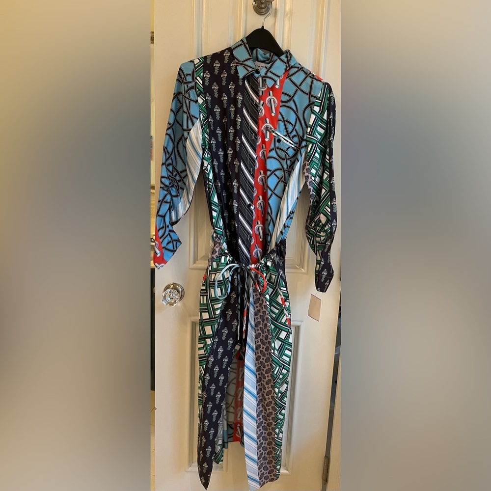 Carven multicolor shirt dress, wrap around tie detail, cinching detail, pockets